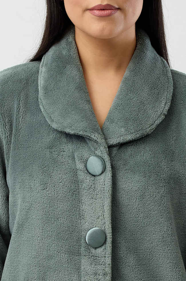YUU Aurelia luxury fleece bed jacket in olive with shawl collar, cozy sleepwear for comfortable lounging.