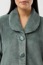 YUU Aurelia luxury fleece bed jacket in olive with shawl collar, cozy sleepwear for comfortable lounging.