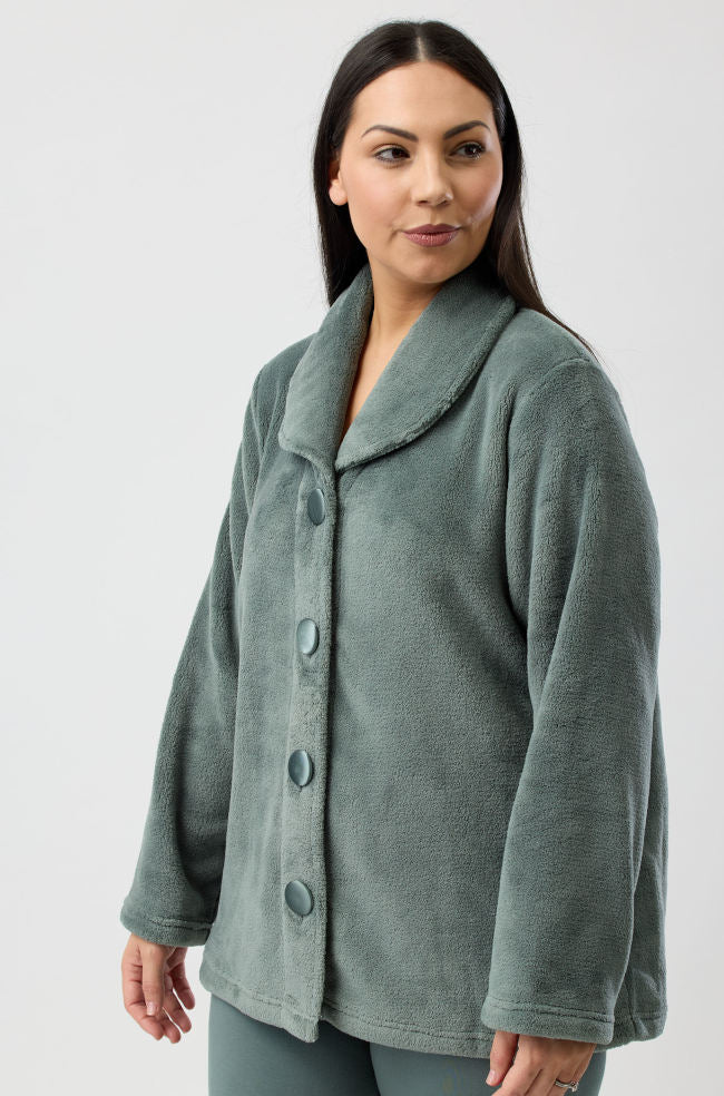 YUU Aurelia luxury fleece bed jacket in olive with shawl collar, cozy sleepwear for comfortable lounging.