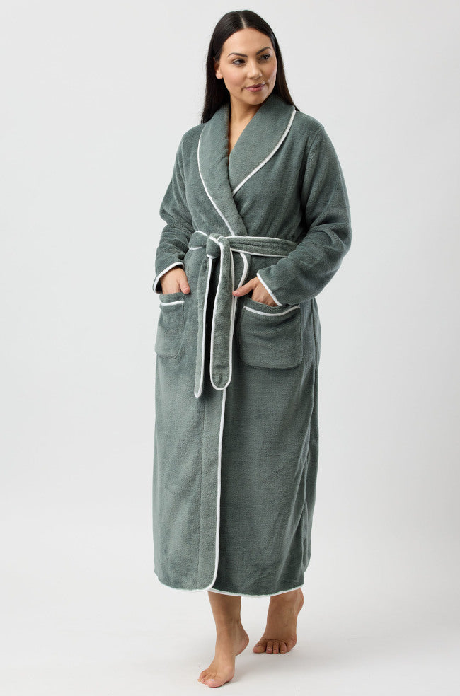 Olive green Ella dressing gown in size XL, featuring a wrap design, soft fabric, and comfortable fit by YUU