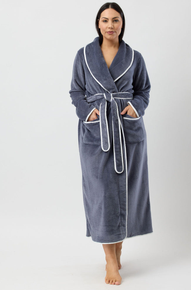 Slate gray soft polyester dressing gown with satin trim, available in XL from YUU