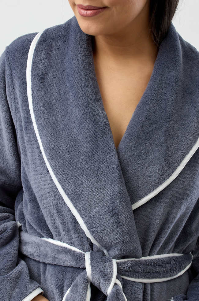 Slate grey soft polyester dressing gown with satin trim by YUU, available in XL size