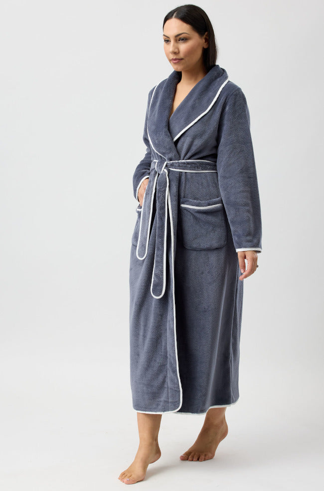 Slate gray polyester dressing gown with satin trim, XL size, by YUU