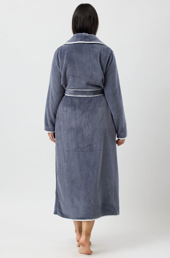 Slate gray soft polyester dressing gown with satin trim by YUU, available in XL size.