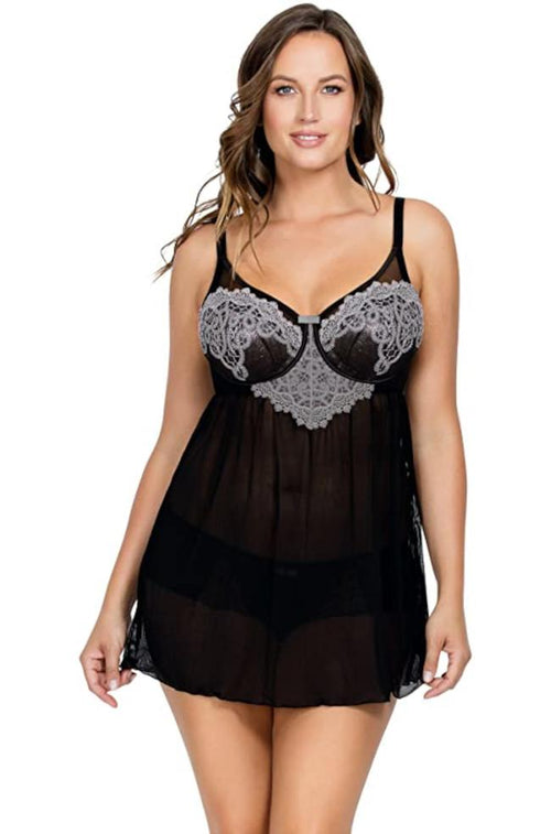 Babydoll with G-string (Black & Pewter) Available in sizes 10-12 FF cup.
