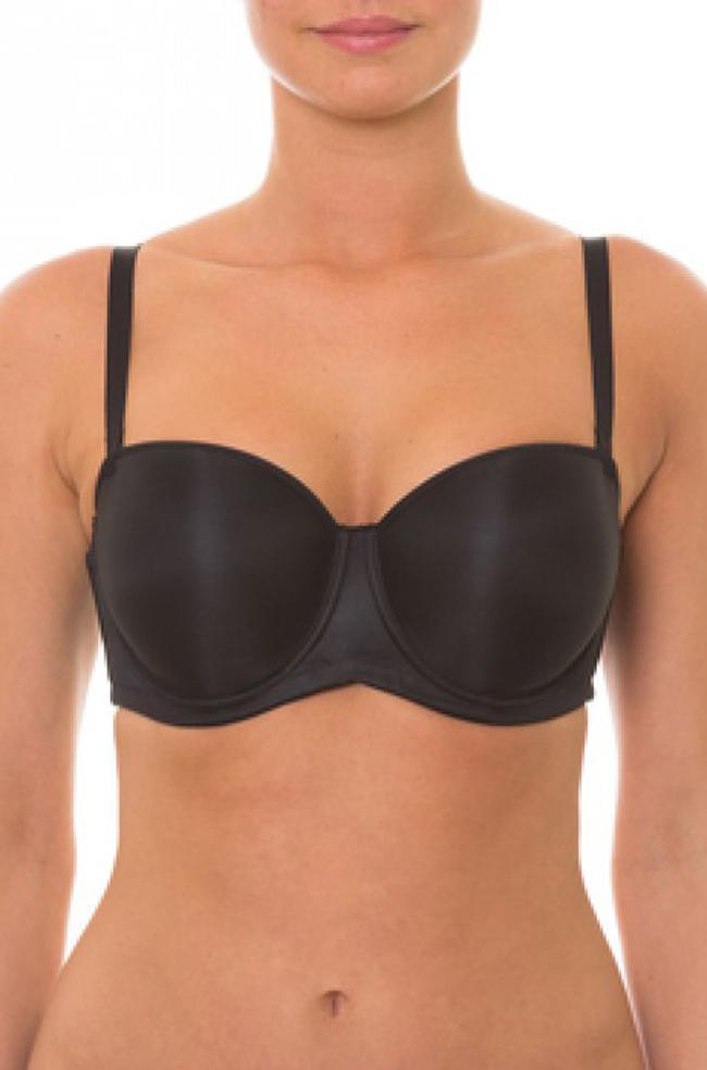 Black moulded underwire t-shirt bra with strapless design by Triumph, available in B, C, and D cup sizes.