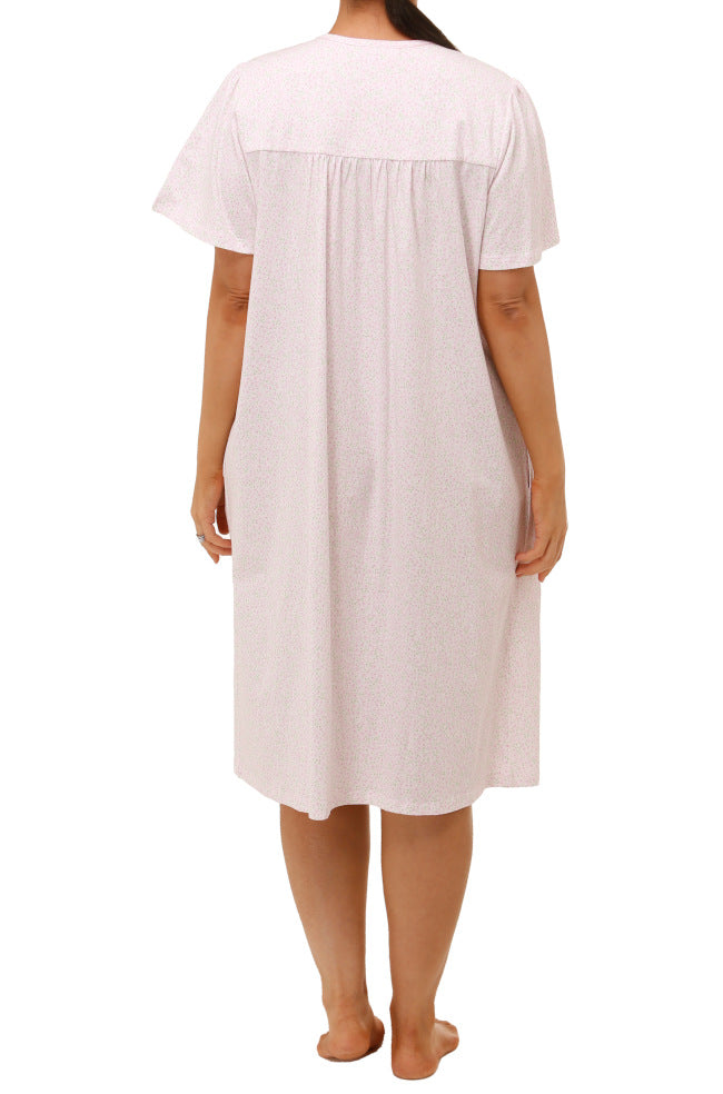 Pink floral print poly cotton brunch coat by SCHRANK, size 10, featuring button front and casual loungewear style.