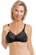 Amoena Karolina wirefree mastectomy bra in black with soft fabric and supportive design, featuring smooth cups and adjustable straps.