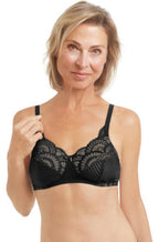 Amoena Karolina wirefree mastectomy bra in black with soft fabric and supportive design, featuring smooth cups and adjustable straps.