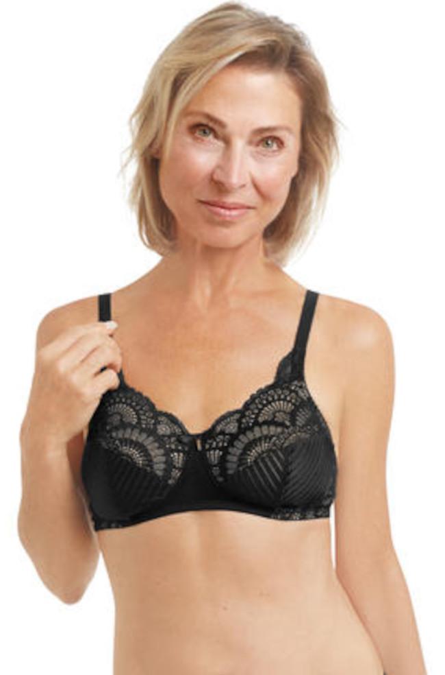 Amoena Karolina wirefree mastectomy bra in black with soft fabric and supportive design, featuring smooth cups and adjustable straps.