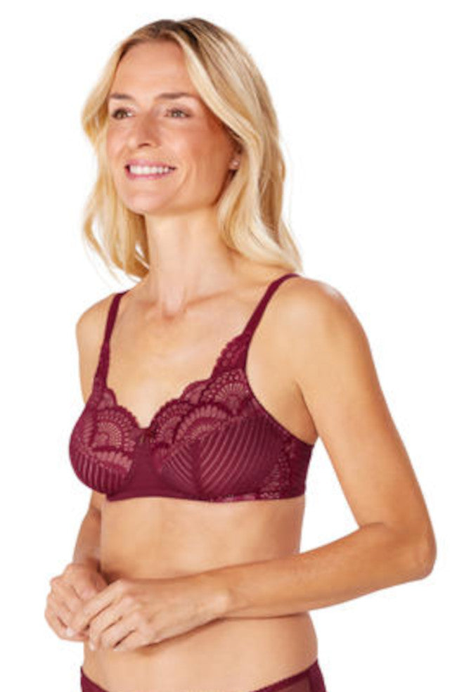 Red and nude wirefree bra by Amoena, available in sizes 10A and 10DD