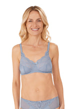 Sky blue wirefree bra by Amoena in A cup, featuring soft fabric and seamless design for comfort.