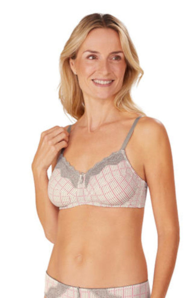Grey and multi-colored wire-free bra in size 22DD by Amoena, designed for comfort and breast care.