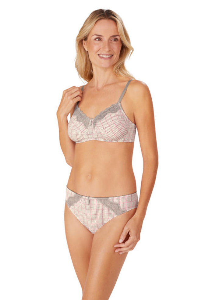 Grey houndstooth wirefree mastectomy bra with adjustable straps and bilateral pockets, by Amoena in size 22DD