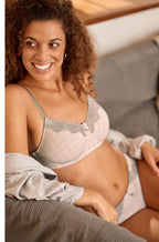 Grey houndstooth Amoena Luna wirefree mastectomy bra with adjustable straps and bilateral pockets, size 22DD