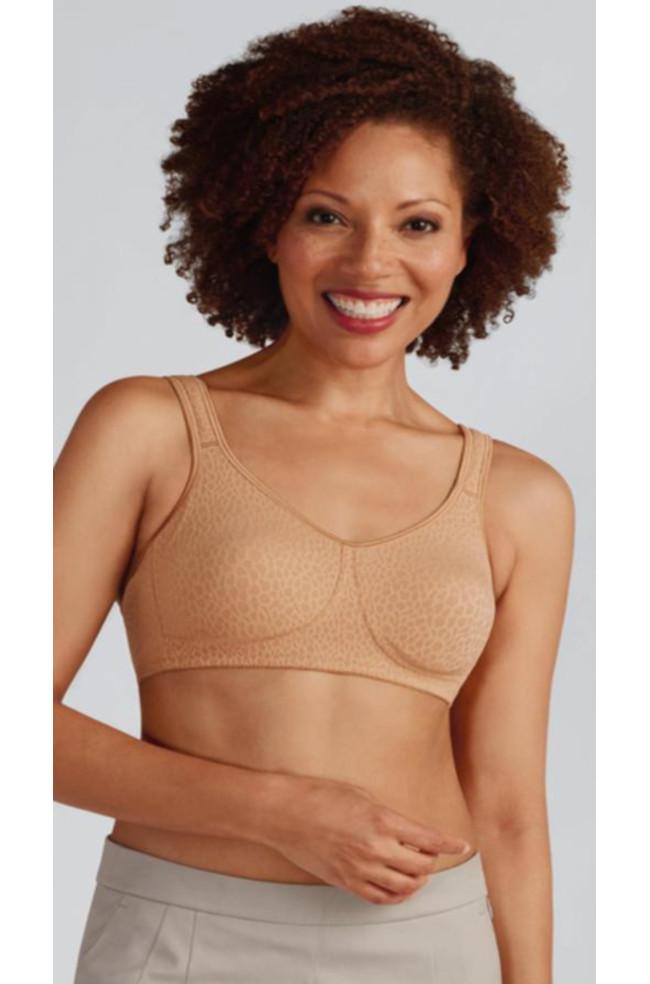 Cognac wirefree bra by Amoena, featuring soft cups and adjustable straps, available in multiple sizes.