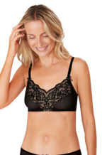 Kyra wirefree bra in black and nude, designed for comfort, featuring soft cups and adjustable straps by Amoena.