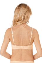 Peach floral lace wirefree mastectomy bra with adjustable straps by Amoena, featuring bilateral pockets.