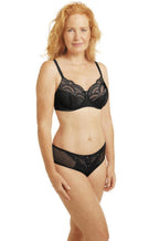 Black wirefree padded mastectomy bra with adjustable straps by Amoena, available in sizes 10AA, 10B, and 18B