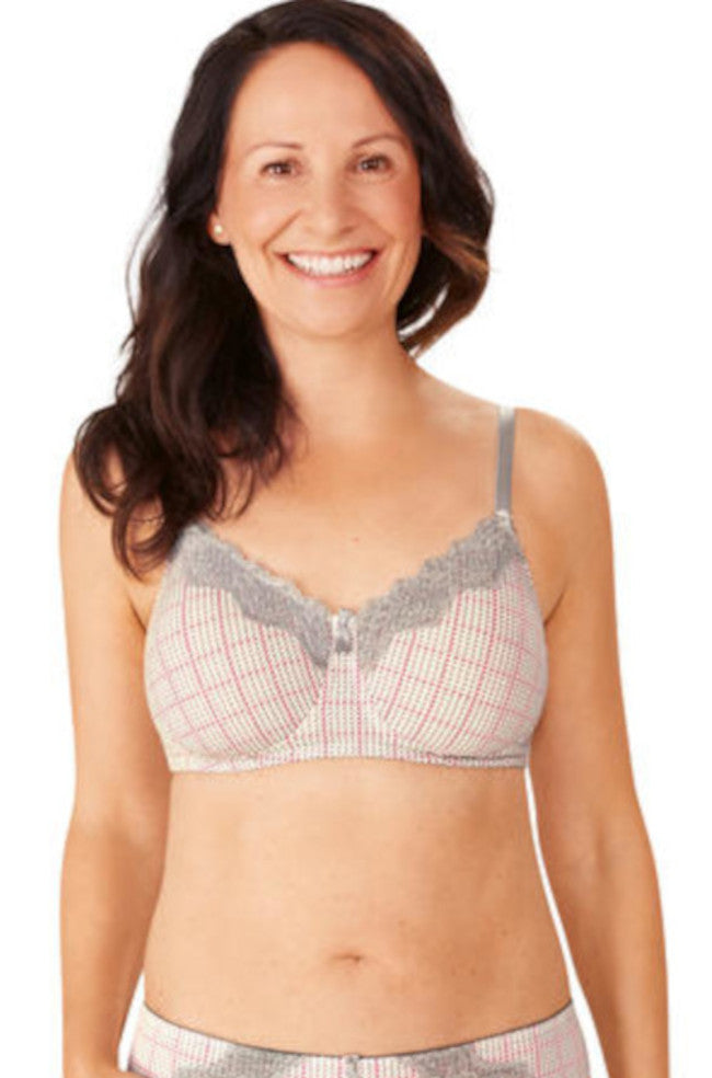 Grey wirefree padded bra by Amoena with multi-colored accents, size 10D, designed for comfort and support.