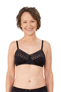 Black and sand wirefree bra by Amoena, designed for comfort and support in AA CUP sizes.