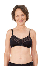 Black and sand wirefree bra by Amoena, designed for comfort and support in AA CUP sizes.