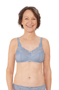Sky blue wirefree padded bra by Amoena, featuring adjustable straps and soft fabric, size 10DD.