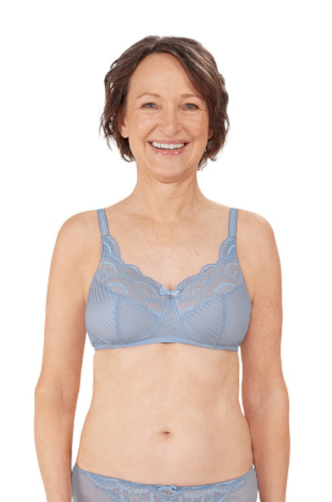 Sky blue wirefree padded bra by Amoena, featuring adjustable straps and soft fabric, size 10DD.