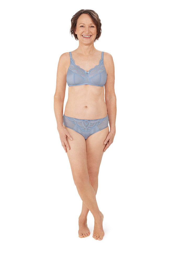 Sky blue wirefree padded bra in size 10DD by Amoena, featuring soft fabric for comfort.