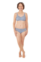 Sky blue wirefree padded bra in size 10DD by Amoena, featuring soft fabric for comfort.