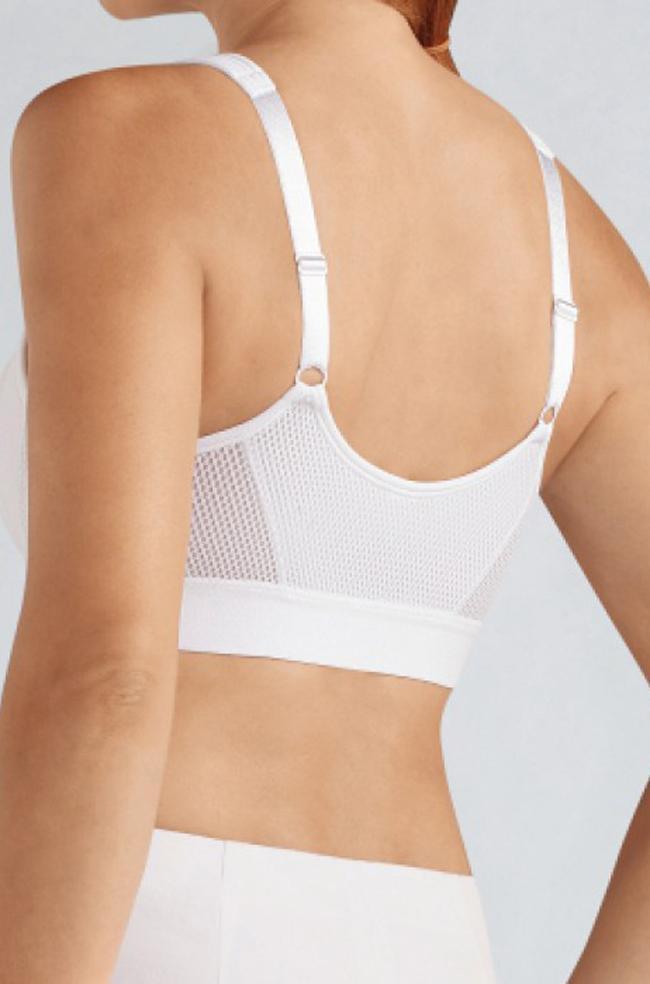 White wirefree bra with front opening, features adjustable straps, by Amoena, available in B, C, and D cup sizes.
