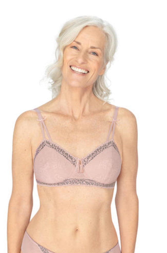 Pink and grey wirefree mastectomy bra with adjustable straps, size 18A, by Amoena.