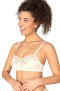 Off white floral pattern wirefree mastectomy bra by Amoena, featuring adjustable straps and center front. Size 12A.