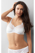 White and nude wirefree lightly padded bra by Amoena, featuring soft cups and adjustable straps, available in size 16-20 DD.
