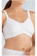 White wirefree bra with front opening, designed for comfort by Amoena, suitable for sizes S/AB, S/CD, and M/AB.