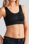 Amoena Amy seamless black and nude crop top mastectomy bra with adjustable straps for comfort