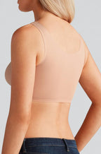 Amoena Amy seamless crop top mastectomy bra in black and nude, designed for comfort and adaptive fit.