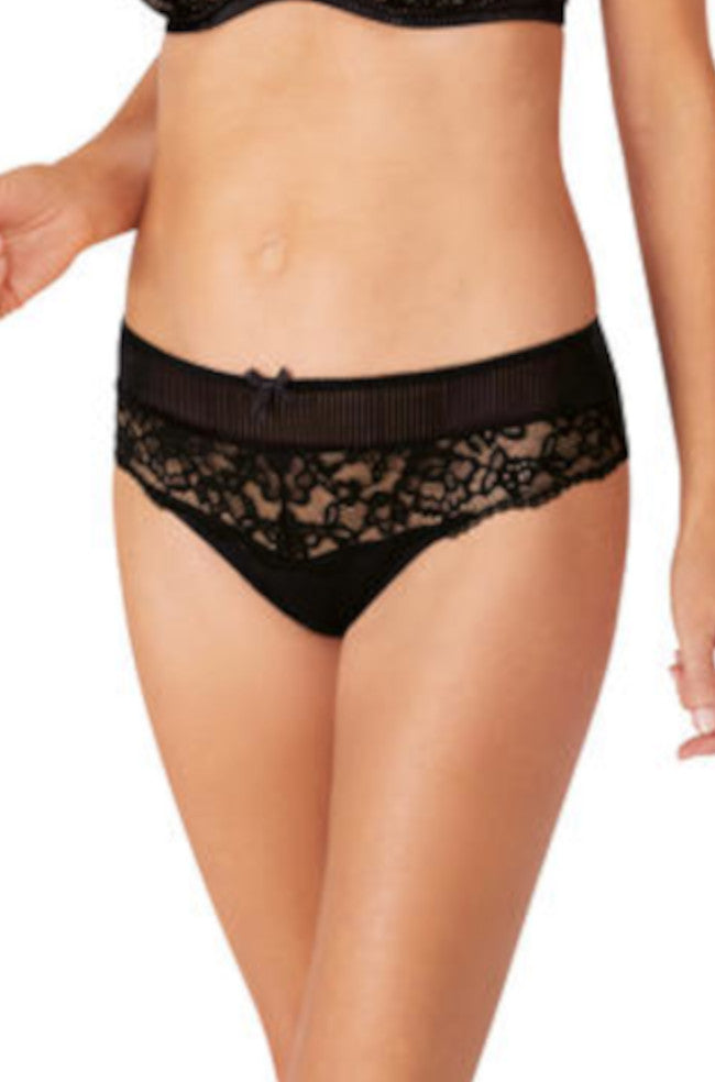 Black and nude lace bikini brief from Amoena, featuring delicate lace trim and a comfortable fit.