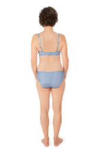 Sky blue lace bikini briefs with diagonal stripe back, available in sizes L and XL, by Amoena.