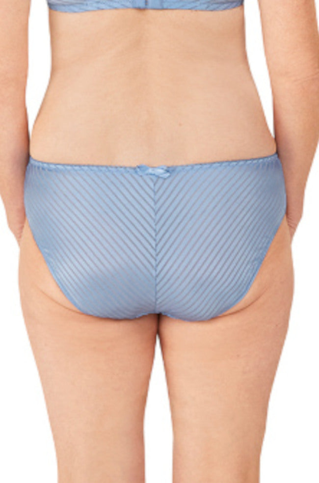 Sky blue Karolina lace briefs with diagonal stripe back, available in sizes L and XL by Amoena.