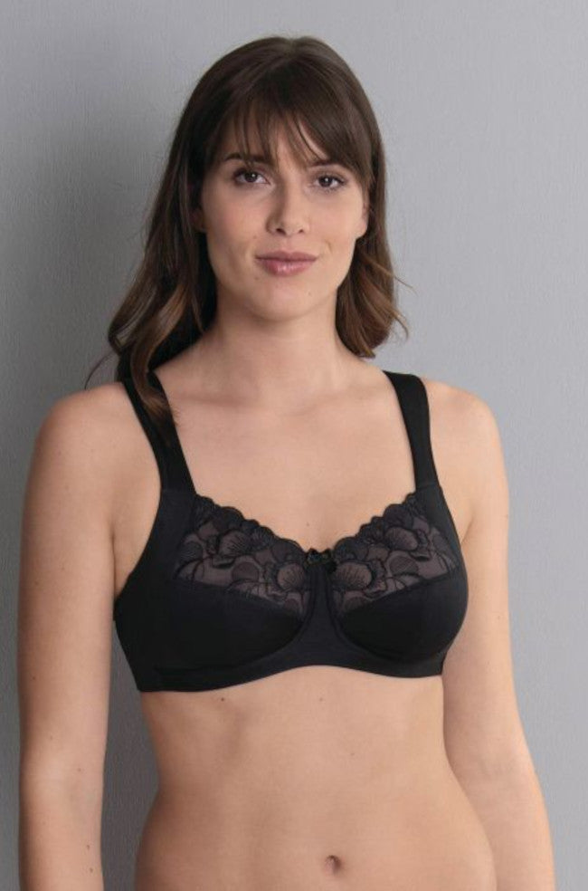Black Anita Lucia embroidered mastectomy wirefree bra with supportive design and delicate embroidery, offering comfort and style.