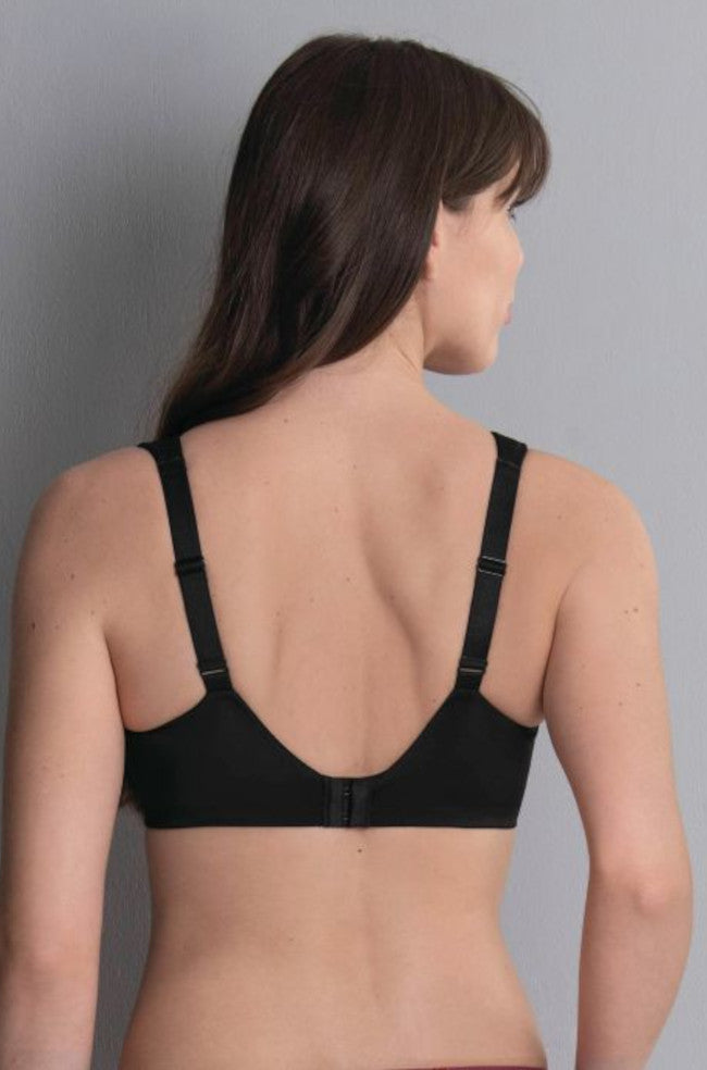 Black wirefree bra by Anita, featuring soft cups and adjustable straps, available in B cup sizes 10, 12, and 14.