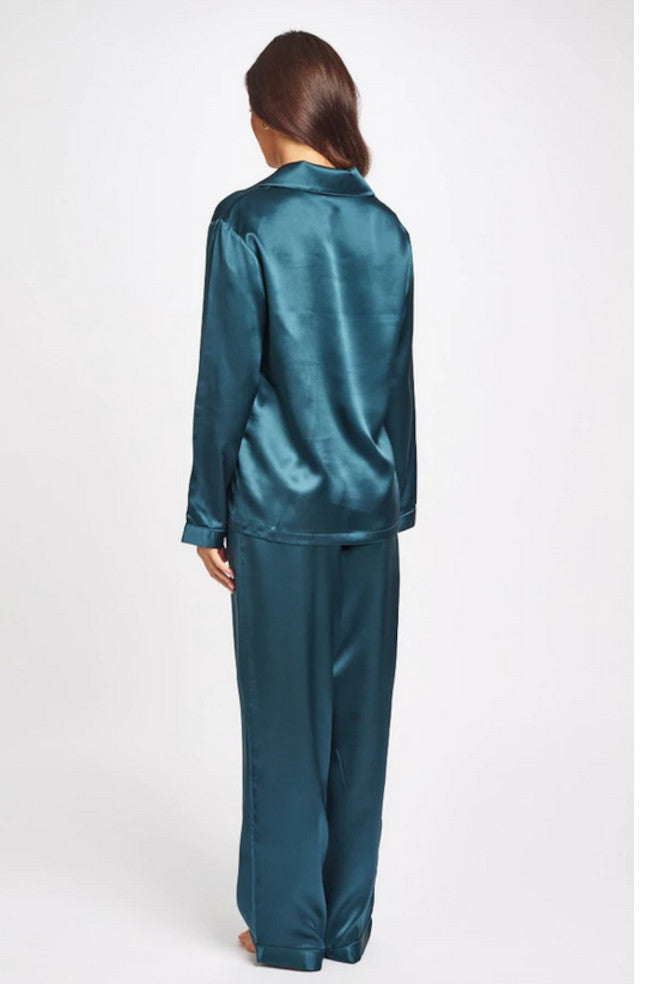 Deep forest green premium silk piped pajama set by Love & Lustre, size 12, featuring button-up and collared design.