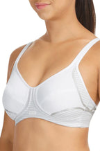 White wirefree sports bra with adjustable straps by Berlei, offering medium support, available in sizes 10-14
