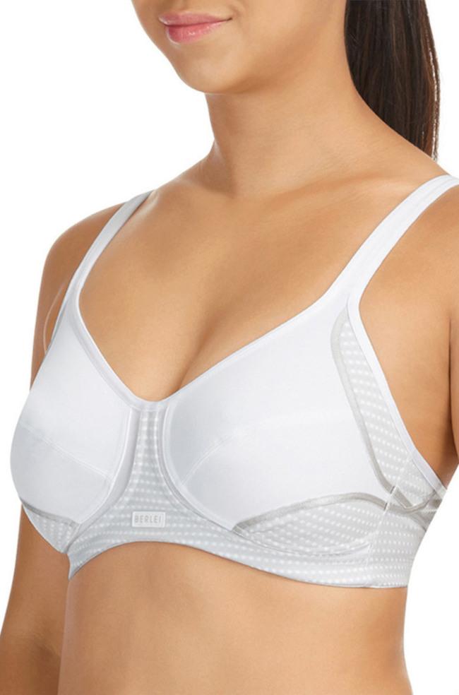 White wirefree sports bra with adjustable straps by Berlei, offering medium support, available in sizes 10-14