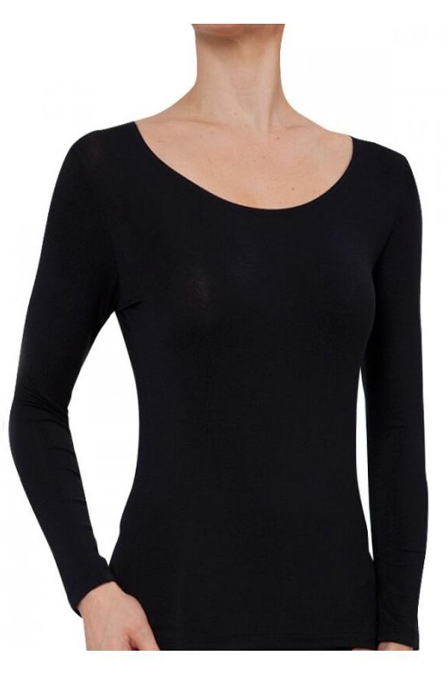 Black ribbed long sleeve thermal top made from pure wool by Brandella