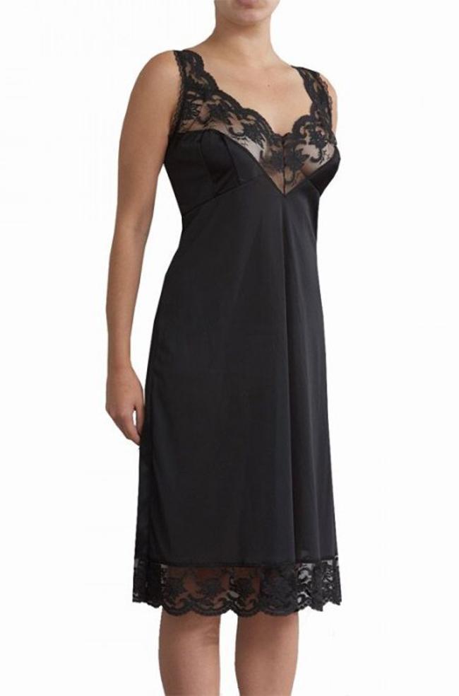 Black full slip with built-up shoulders, available in sizes 12, 14, and 16 by Brandella.