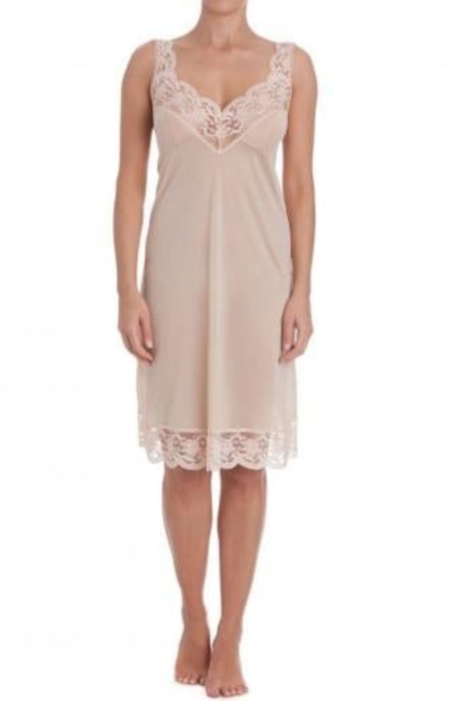 Black full slip with built-up shoulder straps by Brandella, available in size 12, 14, and 16.