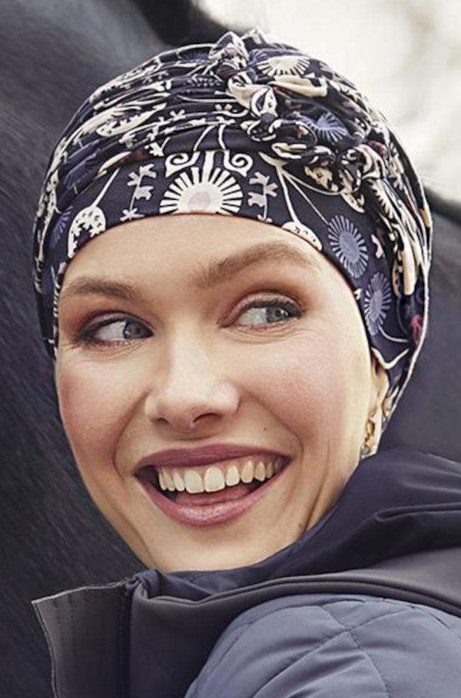 Modern paisley Lotus turban hat by Christine Headwear featuring stylish, colorful fabric and a contemporary design.