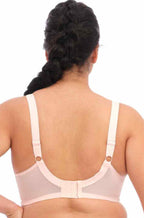 Ballet pink E cup bra with delicate lace details by Elomi, featuring adjustable straps and a supportive fit